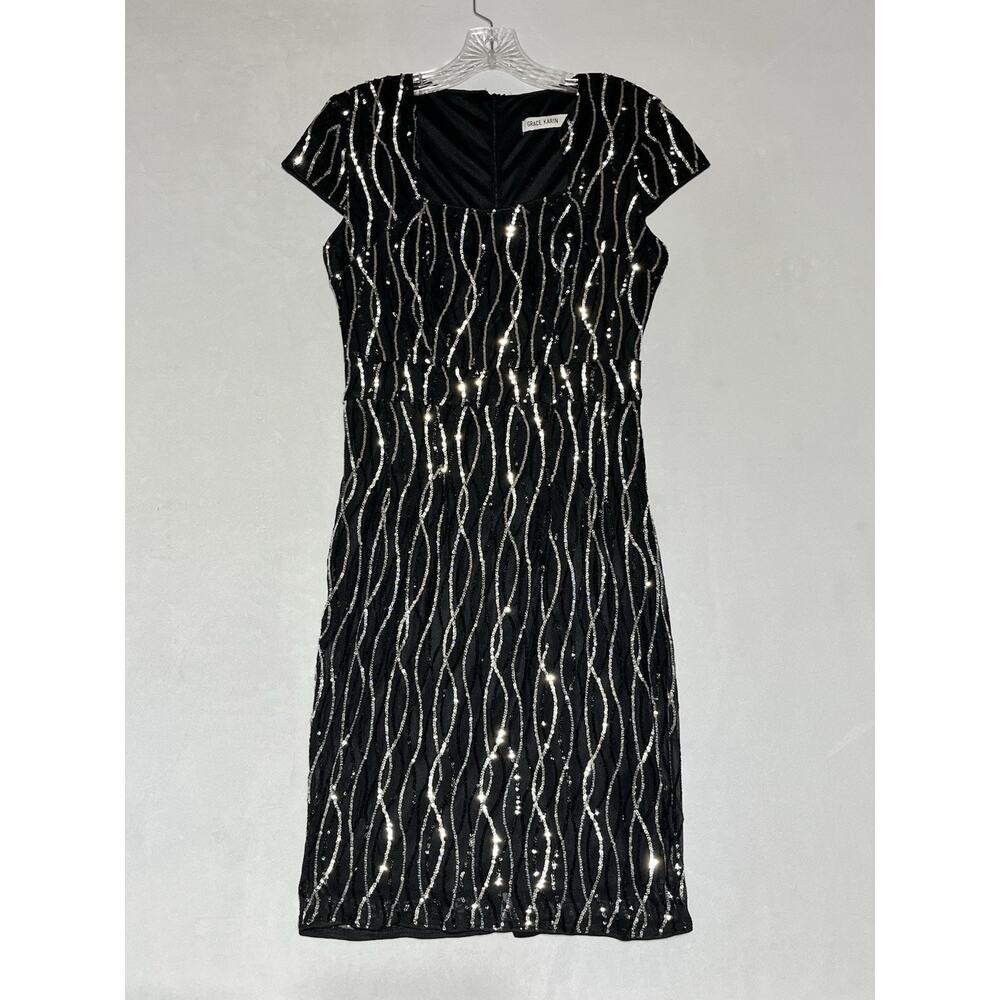 Grace Karin Sequin Sheath Dress Small Black Silver V Neck Cap Sleeve Cocktail